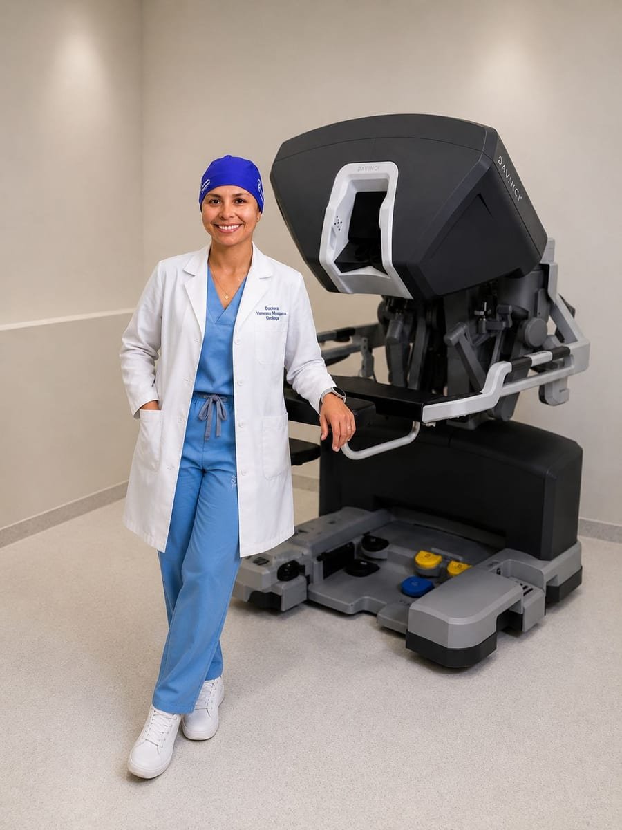 Dra. Vanessa Mosquera junto al sistema robótico Da Vinci en Bogotá